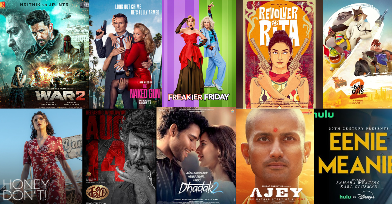 Upcoming movies August 2025 including War 2, The Naked Gun, Freakier Friday, Revolver Rita, Coolie, and more.